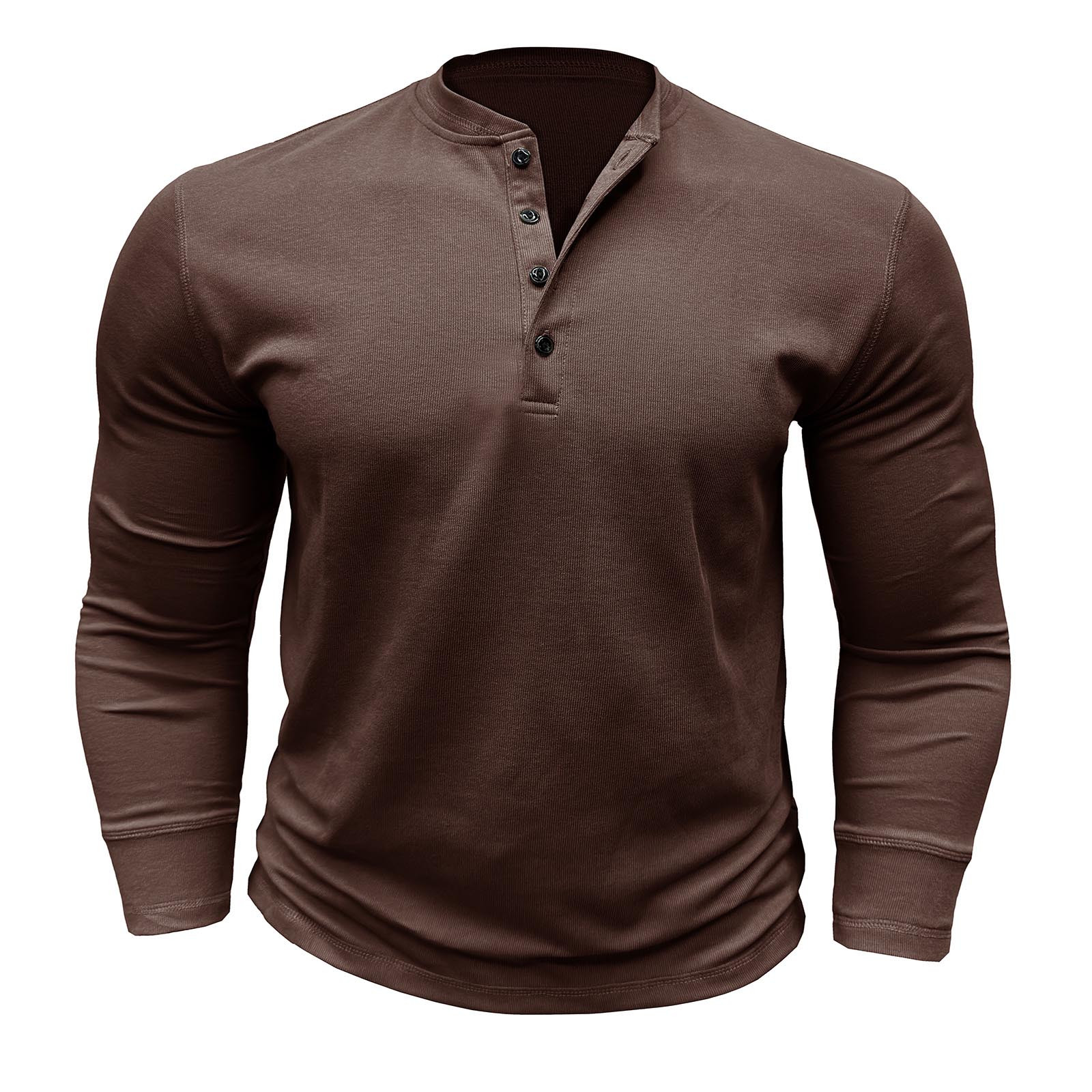 Camiseta de manga larga con botones y color liso para hombre, para otoño, mezcla de poliéster, cómoda e informal, varias tallas disponibles.